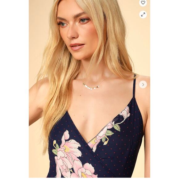 Lulu's Wrap Navy Blue Floral Print Polka Dot Loiselle Maxi Dress Size L - Picture 12 of 17